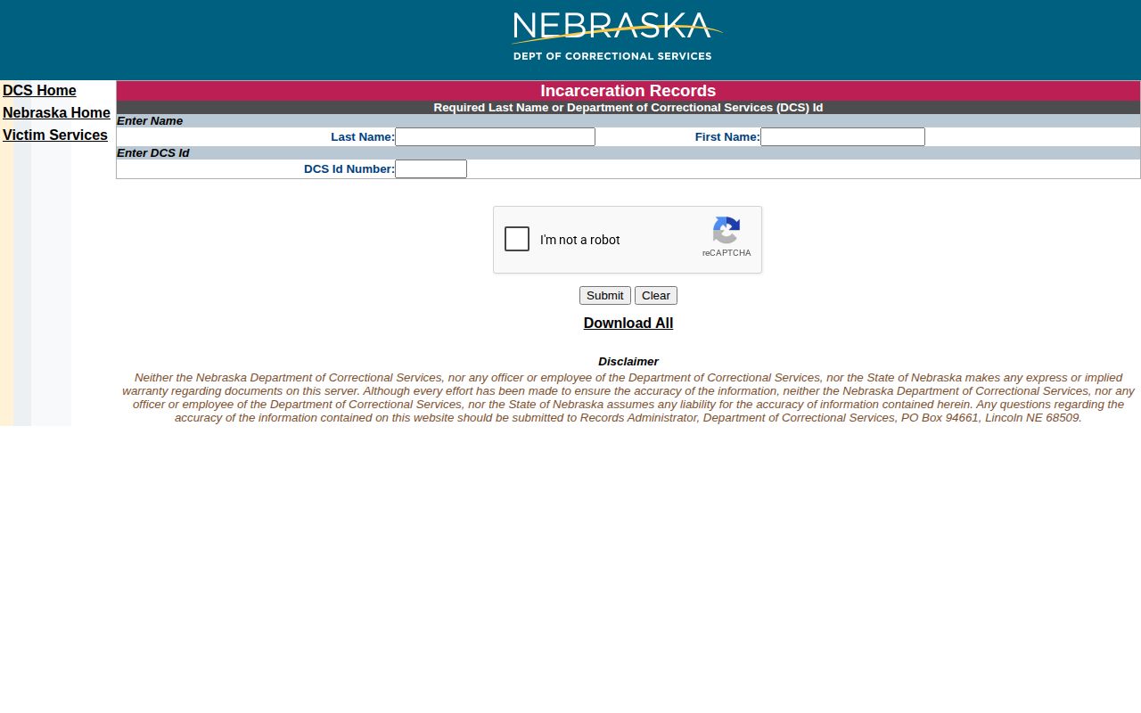Nebraska Department of Correctional Services state custody record search for Greeley County bookings